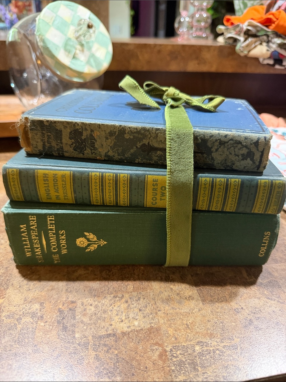 Green Vintage Book Decor set with Ribbon.